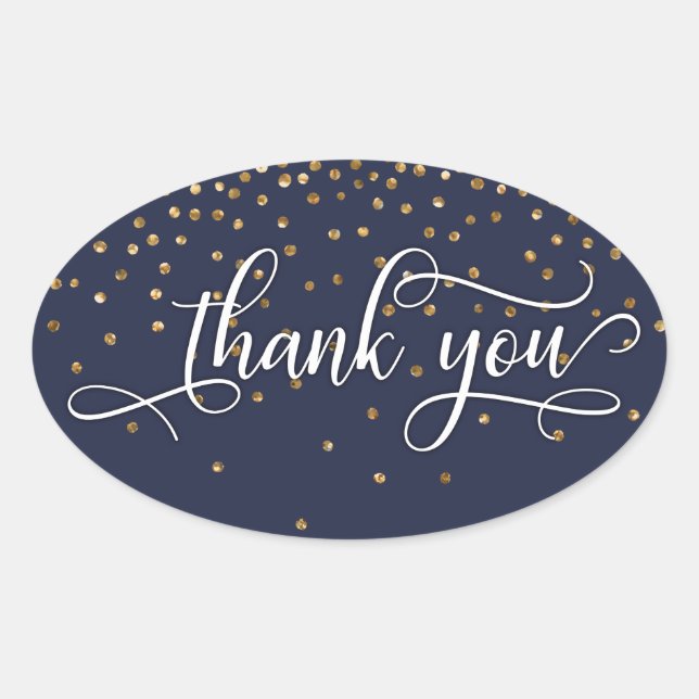 Elegant Thank You, Gold Confetti on Midnight Blue Oval Sticker (Front)