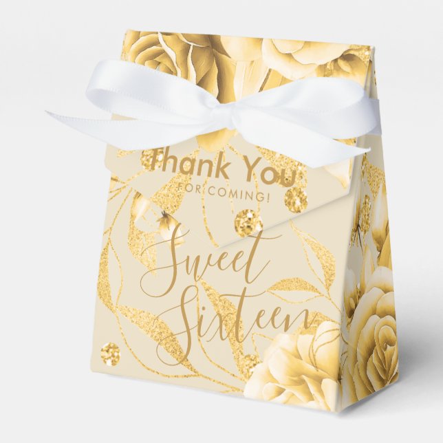Elegant Thank You Gold Sweet 16 Glitter Floral Favour Box (Front Side)