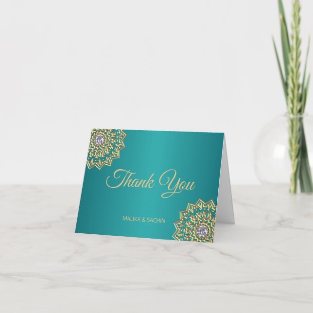 Elegant THANK YOU Indian Mandala Teal Blue wedding Card (Front)