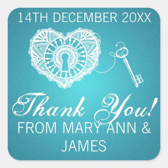 Elegant Thank you Key To My Heart Turquoise Square Sticker (Front)