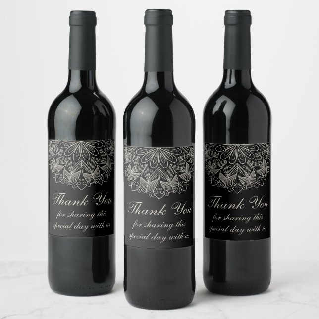 Elegant Thank You Mandala Indian Black Wedding Wine Label (Bottles)