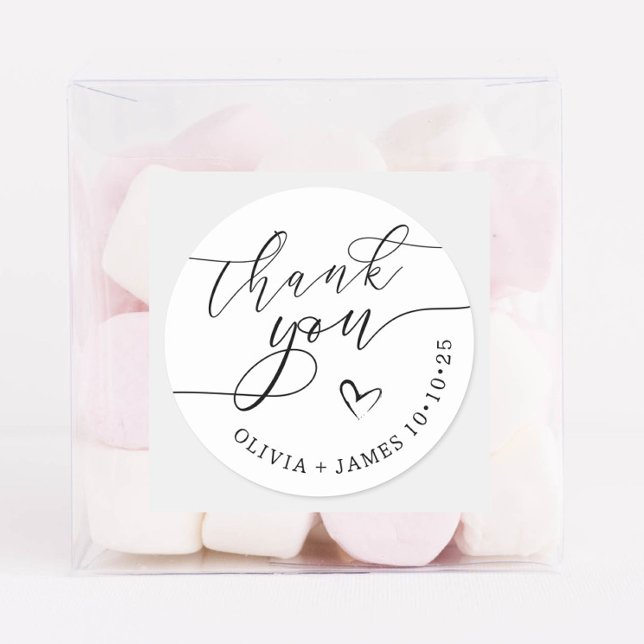 Elegant Thank You Script Heart Wedding Favour Classic Round Sticker (Creator Uploaded)