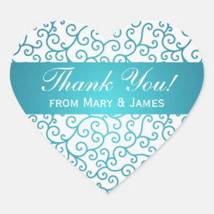 Elegant  Thank you Swirls Pattern Aqua Blue Heart Sticker