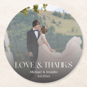 elegant thank you wedding faded photo round paper coaster