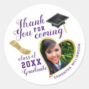 Elegant Thank You White Purple 2025 Graduation Classic Round Sticker