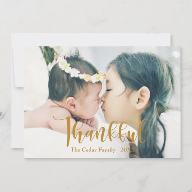 Elegant "Thankful" Golden-coloured Photo Custom Holiday Card (Front)