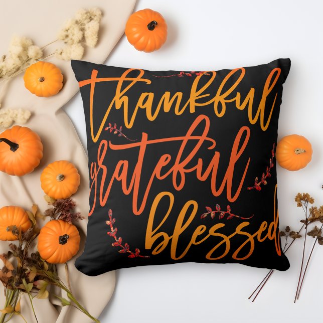 Elegant Thankful Grateful Blessed Typography Black Cushion (Creator Uploaded)