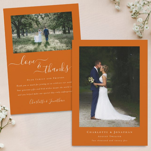 Elegant Thanks 2 Photo Burnt Orange Wedding Thank You Card (Modern Thanks 2 Photo elegant script burnt orange wedding thank you flat card Landscape & portrait )