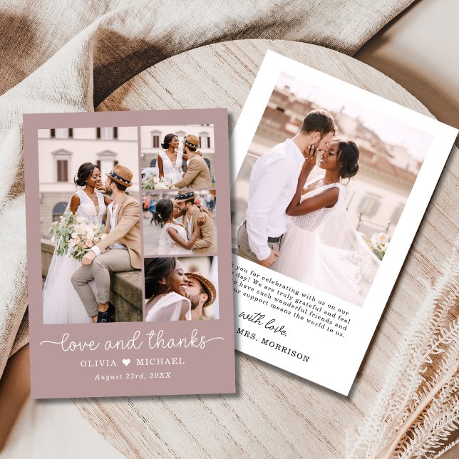 Elegant Thanks Mauve Five Photo Collage Wedding Thank You Card (Creator Uploaded)