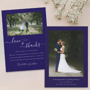 Elegant Thanks Wedding 2 Photo Navy Blue Thank You Card