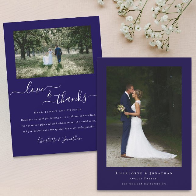Elegant Thanks Wedding 2 Photo Navy Blue Thank You Card (Elegant calligraphy script love and thanks 2 photo wedding navy blue thank you card)