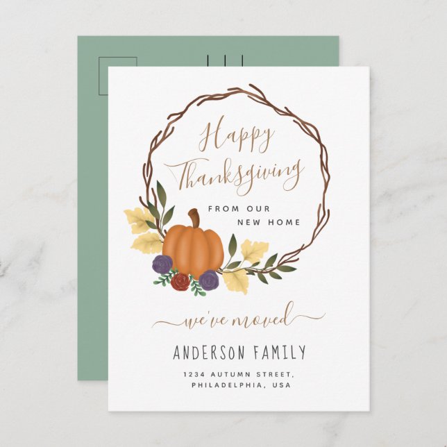 Elegant Thanksgiving Autumn Pumpkin Wreath Moving Announcement Postcard (Front/Back)
