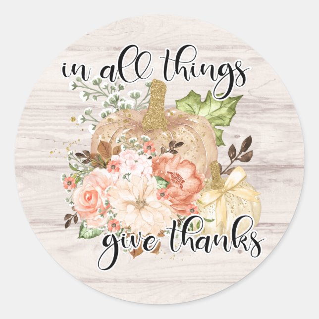 Elegant Thanksgiving Chic Floral Pumpkin Classic Round Sticker (Front)