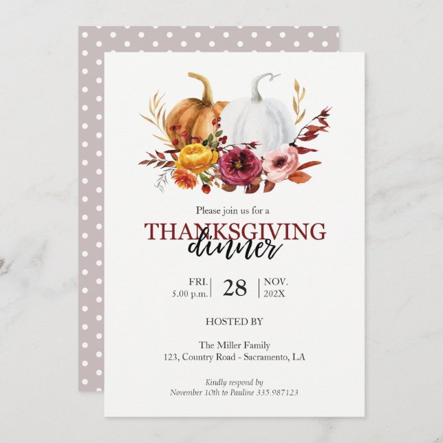 Elegant Thanksgiving Dinner floral pumpkin Invitation (Front/Back)