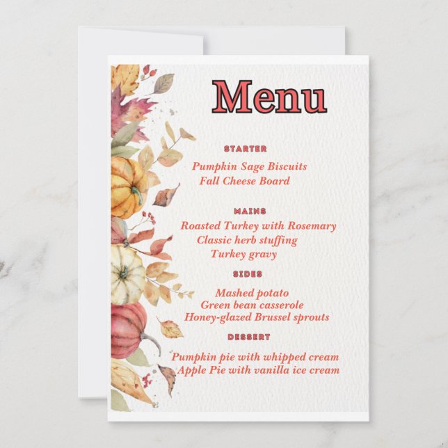Elegant Thanksgiving Menu  Invitation (Front)