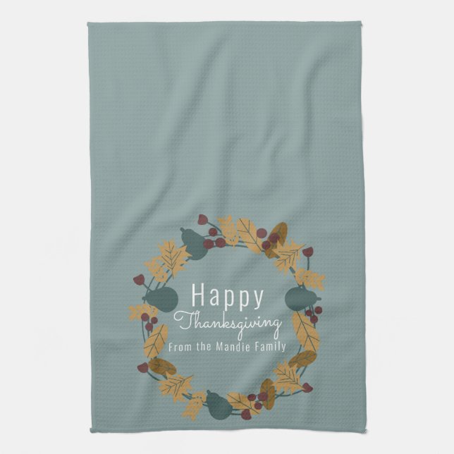 Elegant Thanksgiving Pear Wreath Illustration Tea Towel (Vertical)