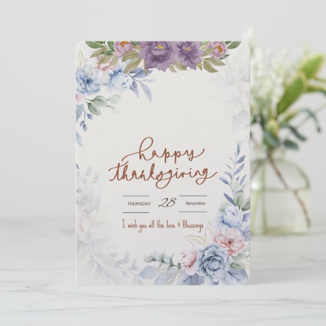 Elegant Thanksgiving Wishes | Floral Blessings Holiday Card (Standing Front)