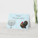 Elegant Thanksgivukkah Greeting Card<br><div class="desc">Beautiful Thanksgivukkah greeting card done in blue,  with graphic artwork of a silver menorah and a turkey.  Personalise the text inside and out to read what you want.</div>