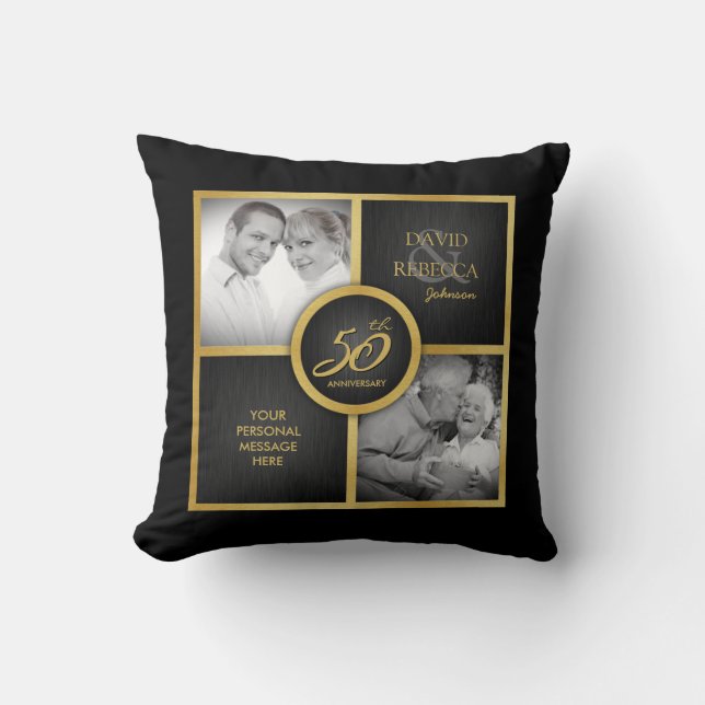 Elegant "then and now" Black and Gold 50th Wedding Cushion (Front)