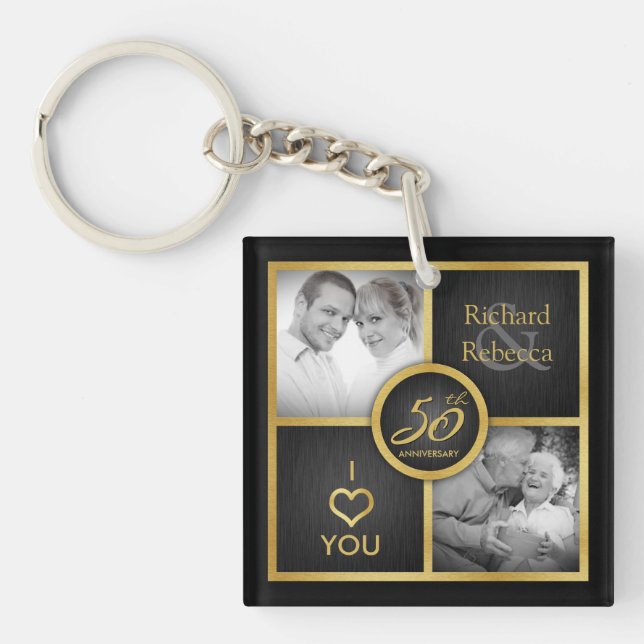 Elegant "then and now" Black and Gold 50th Wedding Key Ring (Front)