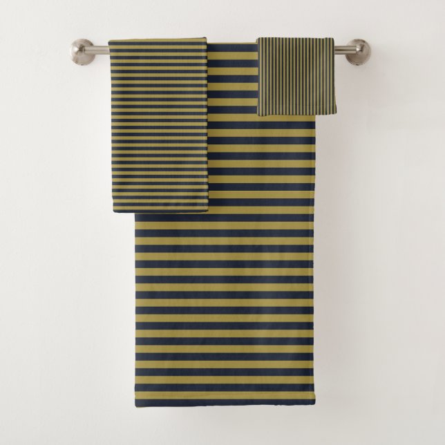Elegant Thin Gold & Navy Blue Vertical Stripes Bath Towel Set (Insitu)
