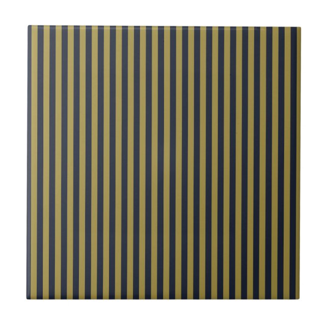 Elegant Thin Gold & Navy Blue Vertical Stripes Ceramic Tile (Front)
