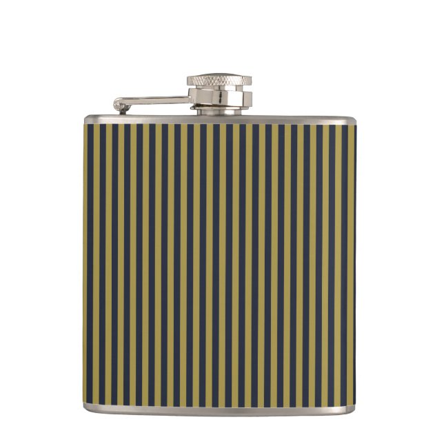 Elegant Thin Gold & Navy Blue Vertical Stripes Hip Flask (Front)