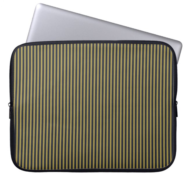 Elegant Thin Gold & Navy Blue Vertical Stripes Laptop Sleeve (Front)
