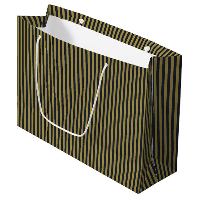 Elegant Thin Gold & Navy Blue Vertical Stripes Large Gift Bag (Front Angled)