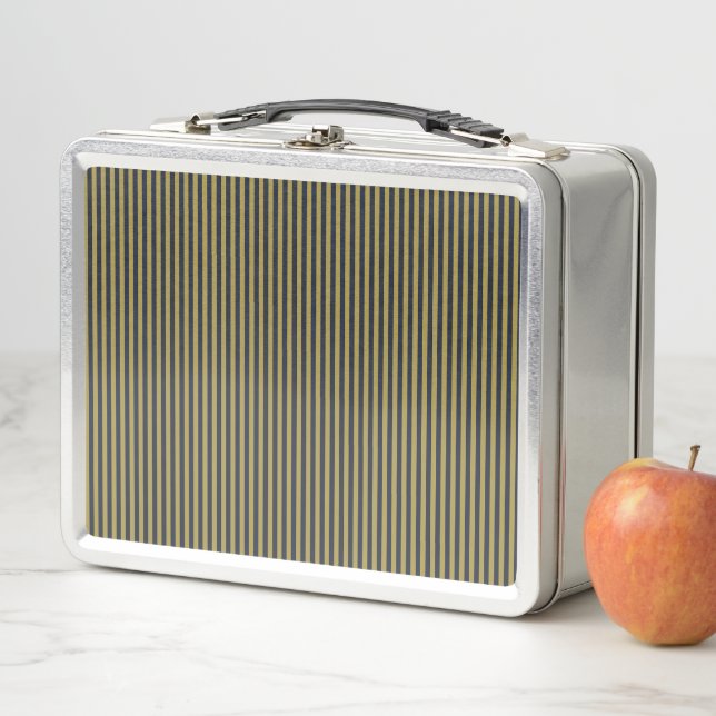 Elegant Thin Gold & Navy Blue Vertical Stripes Metal Lunch Box (In Situ)