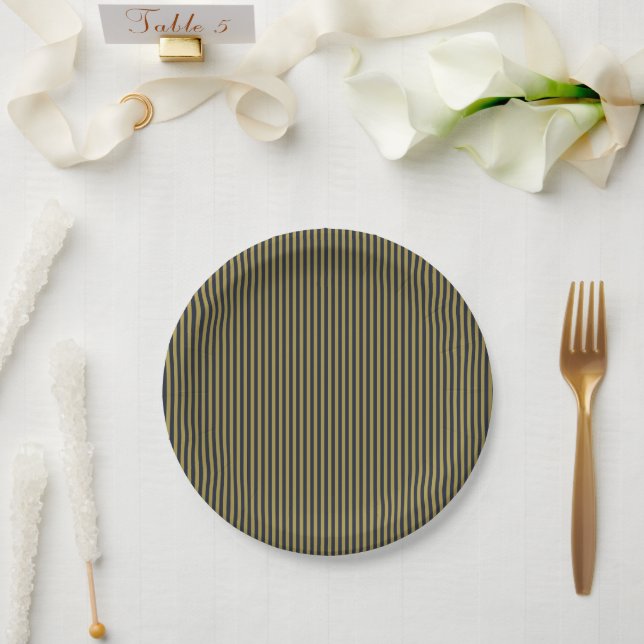 Elegant Thin Gold & Navy Blue Vertical Stripes Paper Plate (Wedding)