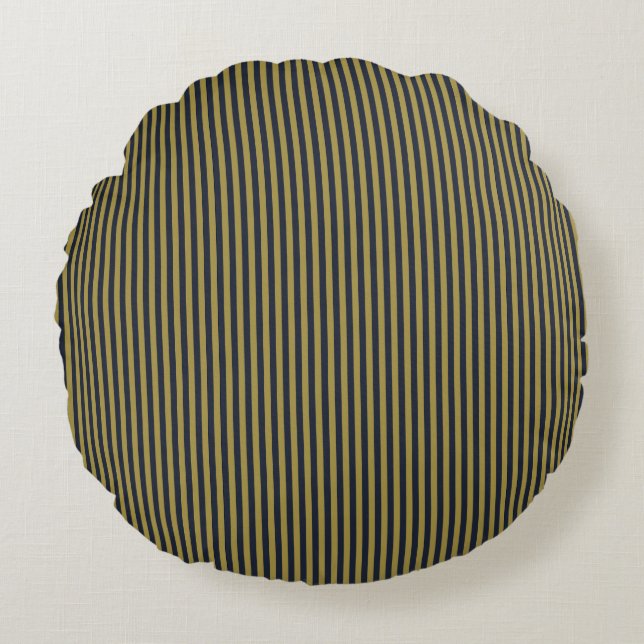 Elegant Thin Gold & Navy Blue Vertical Stripes Round Cushion (Front)