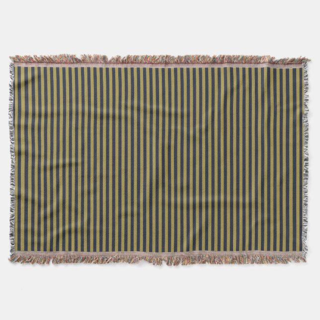 Elegant Thin Gold & Navy Blue Vertical Stripes Throw Blanket (Front)