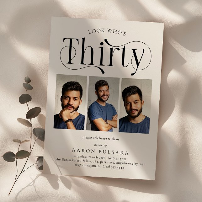 Elegant THIRTY 3 photo collage 30th Birthday Invitation (Creator Uploaded)