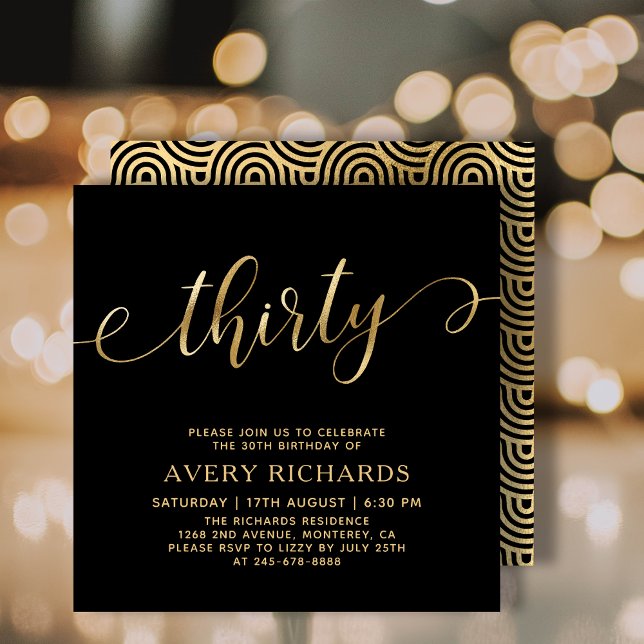 Elegant Thirty Gold Script Black 30th Birthday Invitation (Creator Uploaded)