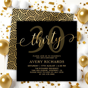 Elegant Thirty Gold Script Black 30th Birthday Invitation