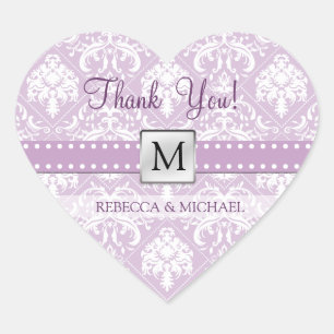 Elegant Thistle Purple & White Damask Thank You! Heart Sticker