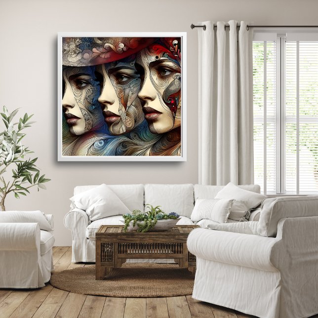 Elegant Three Female Faces Profile Artwork Poster (Elegant Three Female Faces Profile Artwork Poster Mockup 1)