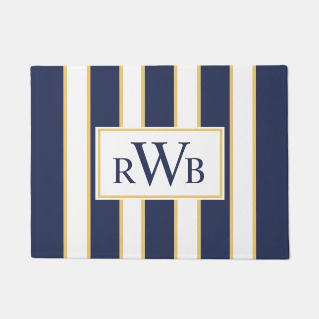 Elegant Three Letter Monogram| Blue White Stripe Doormat (Front)
