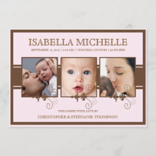 Elegant Three Photo Baby Girl Birth Announcement
