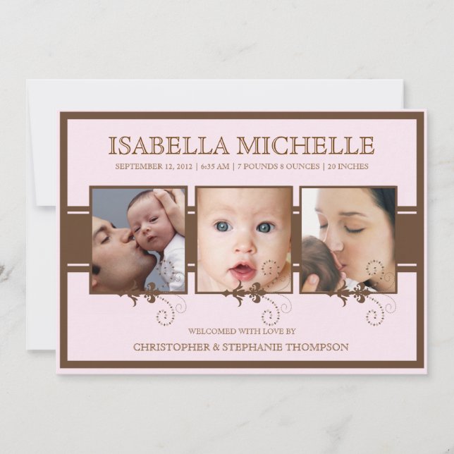 Elegant Three Photo Baby Girl Birth Announcement (Front)