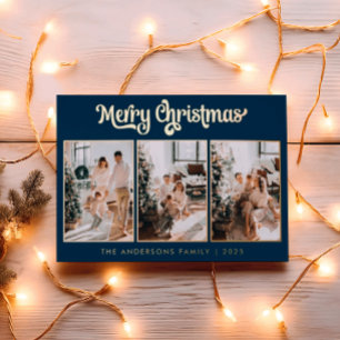 Elegant Three Photo Navy Blue Merry Christmas Foil Holiday Card