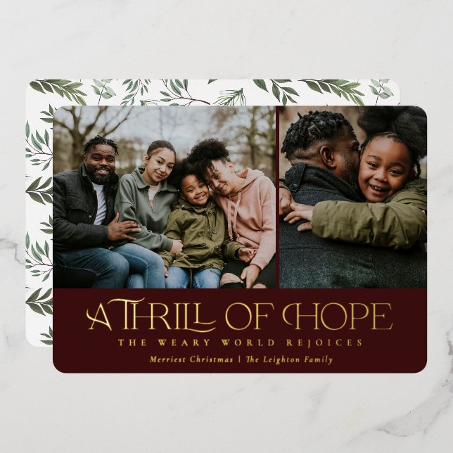 Elegant Thrill of Hope Maroon Two Photo Christmas Foil Holiday Card (Front/Back)