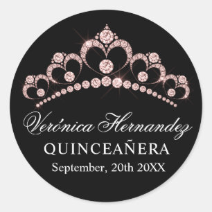 Elegant Tiara black Spanish Quinceañera Quince Classic Round Sticker