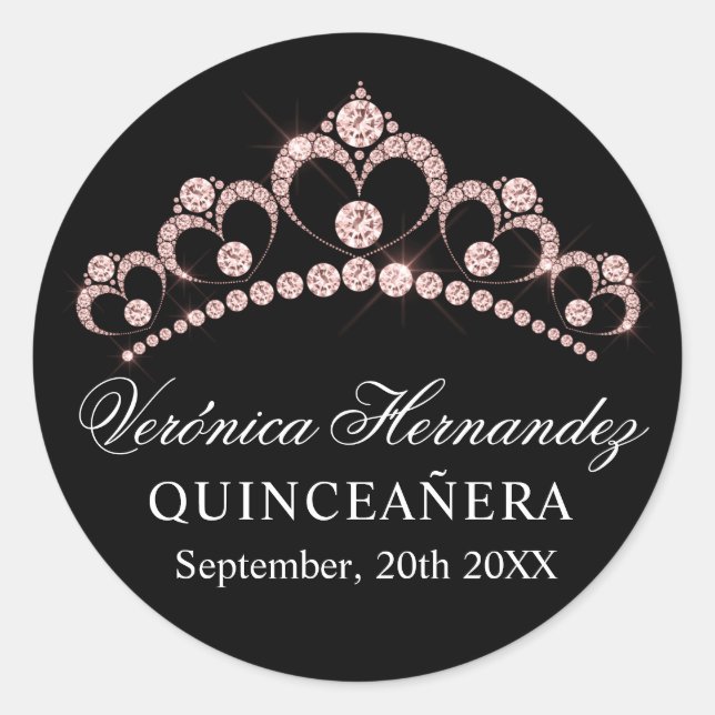Elegant Tiara black Spanish Quinceañera Quince Classic Round Sticker (Front)