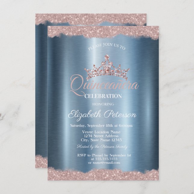 Elegant Tiara Blue Metallic Quinceañera  Invitation (Front/Back)