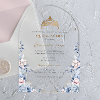 Elegant Tiara Gold Blue roses Quinceañera Acrylic Invitations