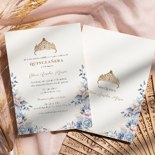 Elegant Tiara Gold Blue roses Quinceañera Invitation