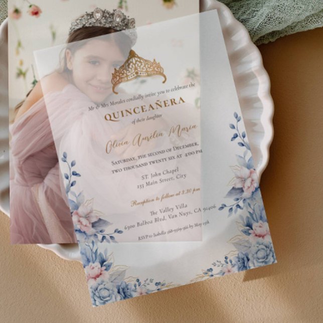 Elegant Tiara Gold Blue roses Quinceañera Vellum Invitations (Creator Uploaded)