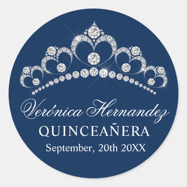 Elegant Tiara Navy Blue Spanish Quinceañera Quince Classic Round Sticker (Front)